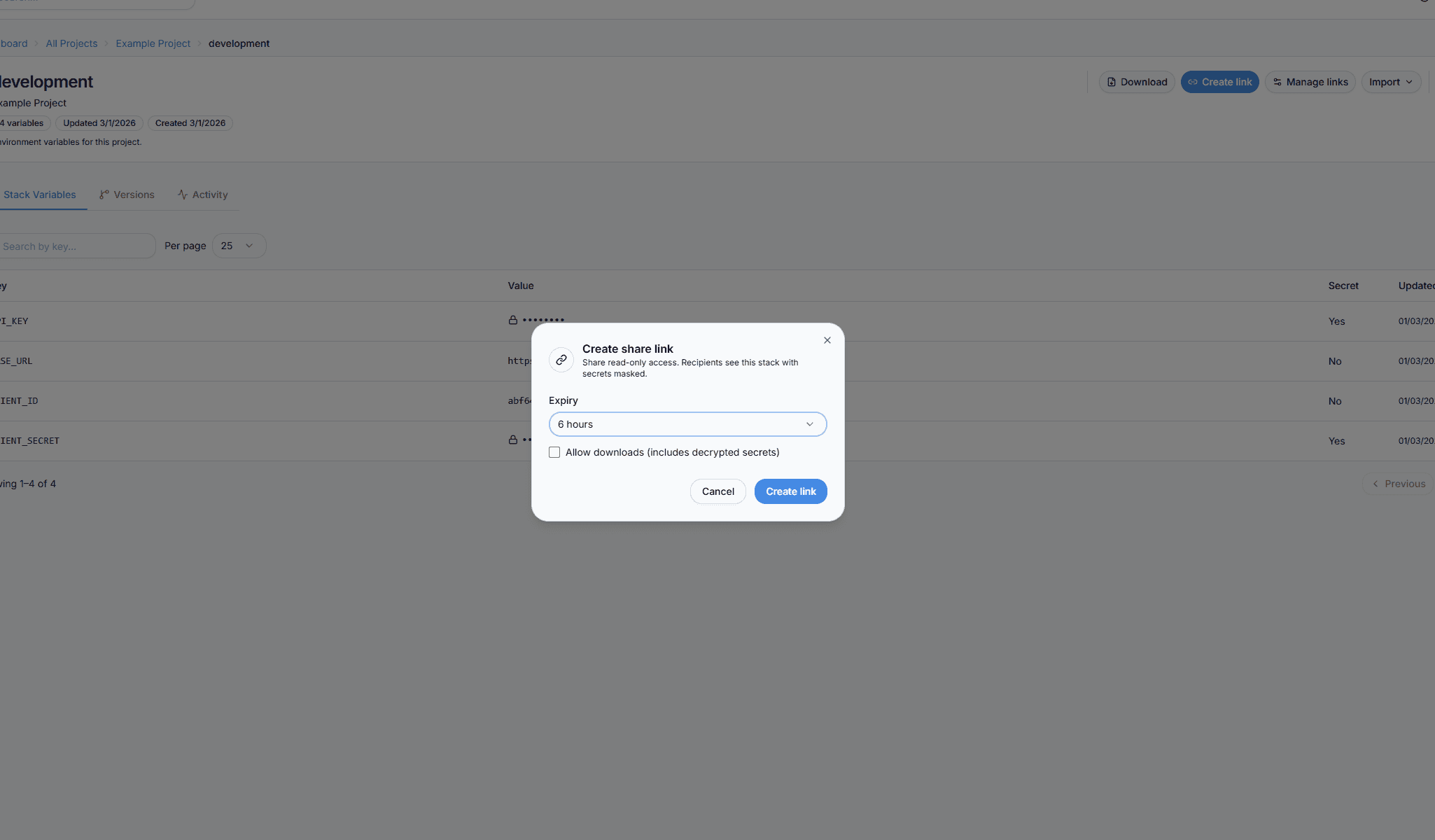 Create Stack Link modal